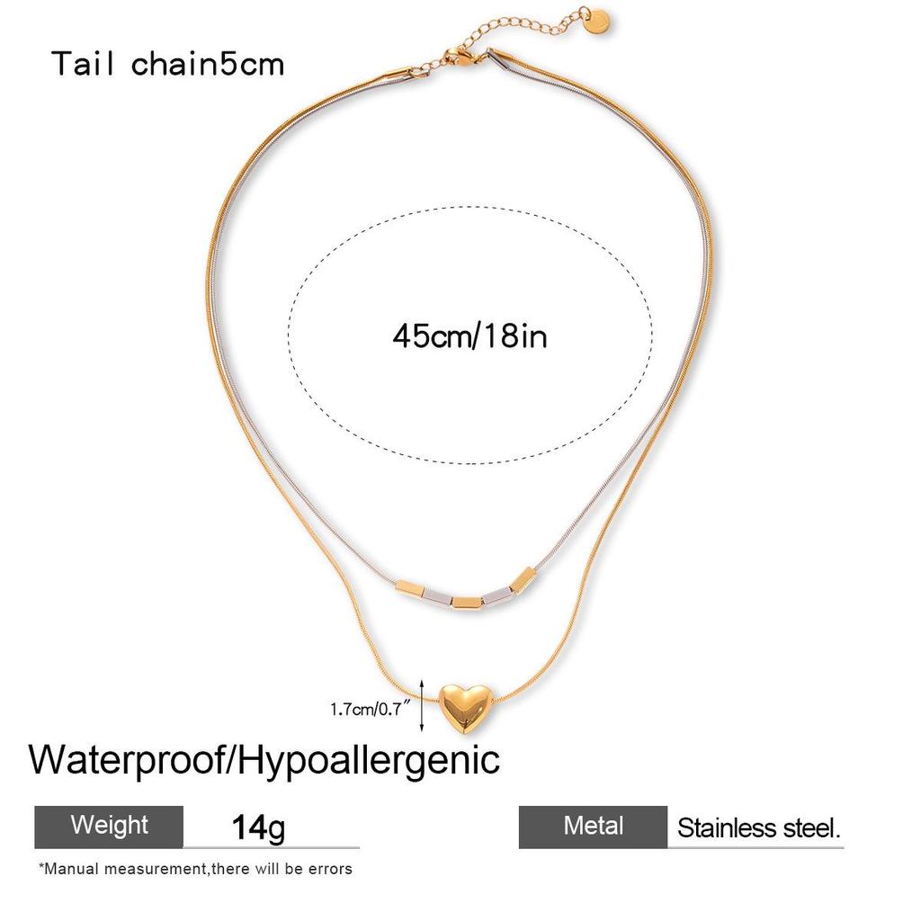 Stainless Steel Double Layer Heart, Star & Round Bead Necklace - Fashionable Clavicle Chain for Women, European, American High-End Style