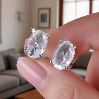 Trendy and Simple Four Claw Oval White Zircon Earrings, Classic and Versatile, Small and Compact Women's Zircon and Accessories