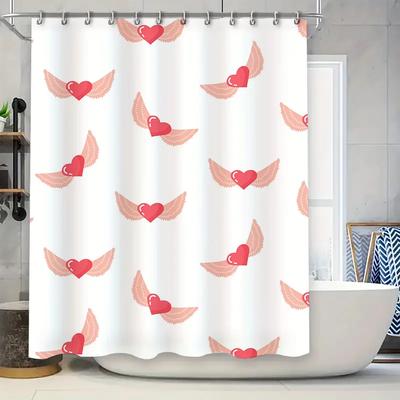 Romantic Heart Wings Shower Curtain Pink Red White Floral Decorative Customizable Waterproof Bath Hanging Room Decoration Backdr