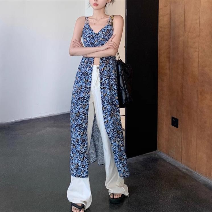 French Floral V-neck Suspender Dress Women's Summer Sweet Babes Skirt Blue Retro Temperament Split-ended Long Dress