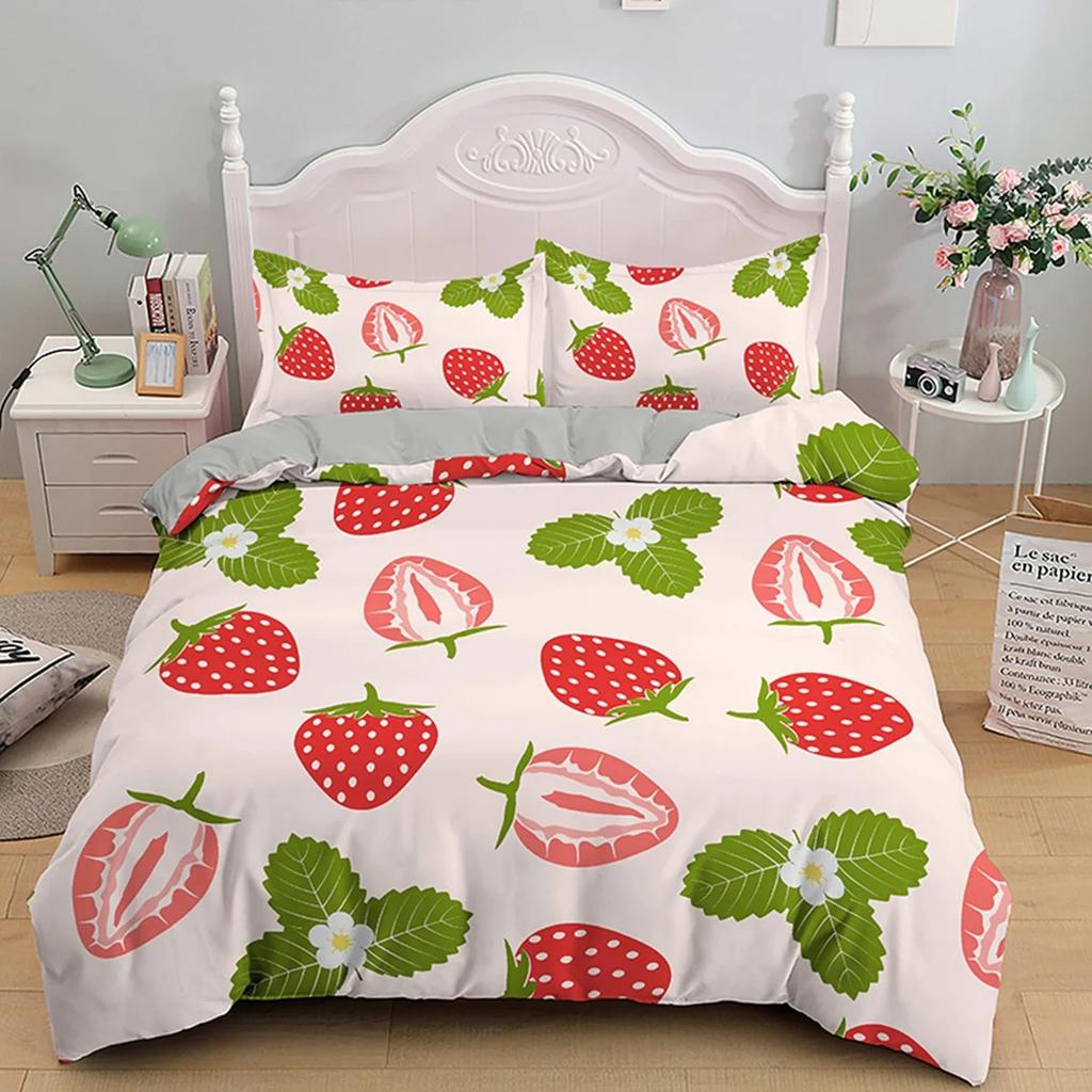 Strawberry Duvet Cover Set Cartoon Pink Fruit Print Comforter Cover Set for Boy Girl Teen Sweet Strawberry Room Decor Bedding