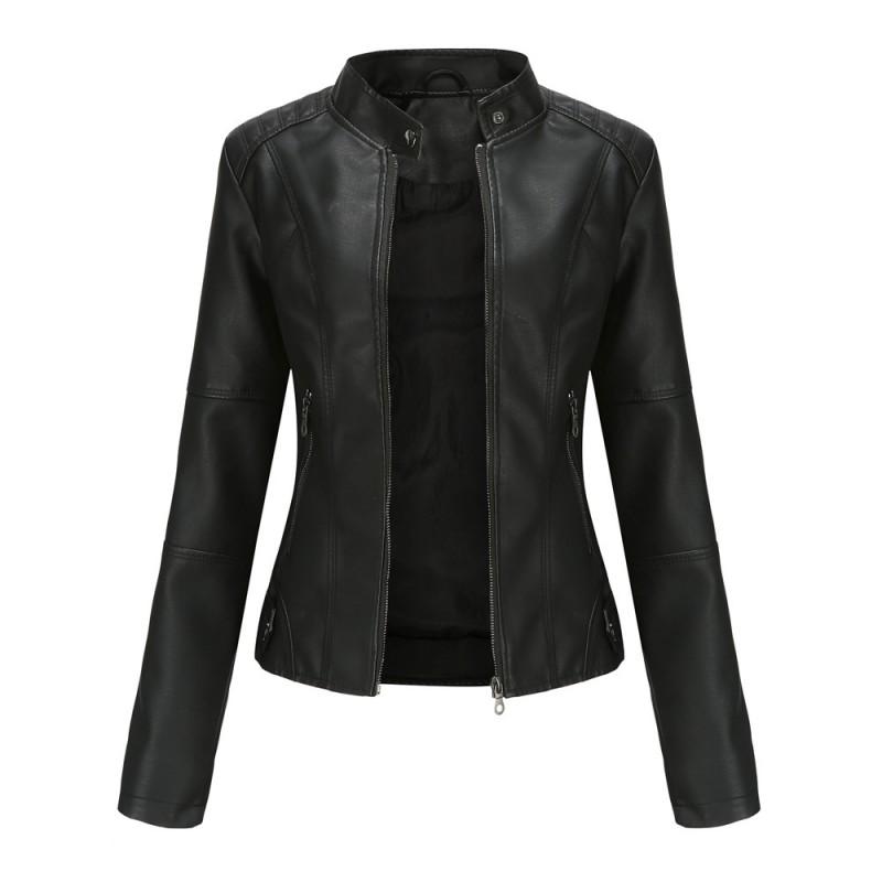 Damen Schlanke Passform PU Lederjacke Stehkragen Motorrad Stil Oberbekleidung Leicht