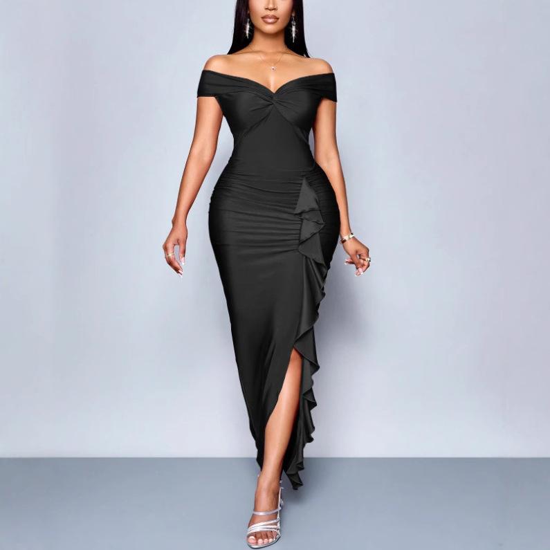 European and American style women's clothing new temperament fashionable one-word collar pleated split repair irregular design dress women