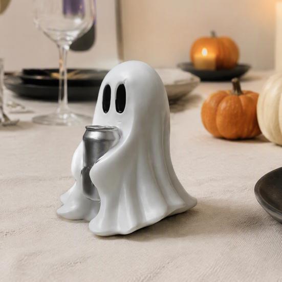 Compact Ghost Statues Halloween Figurine with Drinks, Resin Statue, Cute Spooky Desktop Durable Holiday Ornaments Ornament for Party Tabletop