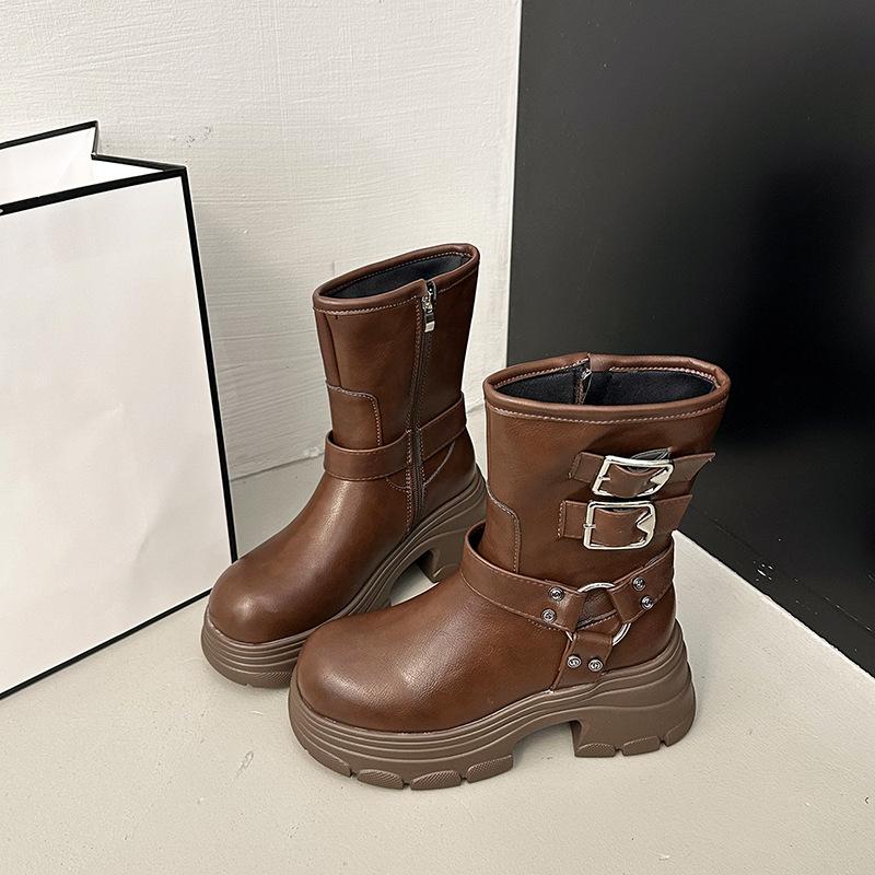 

Fashion temperament retro super fire British style thick heel short boots women s 2025 new spring and autumn versatile height-increasing Martin boots 39