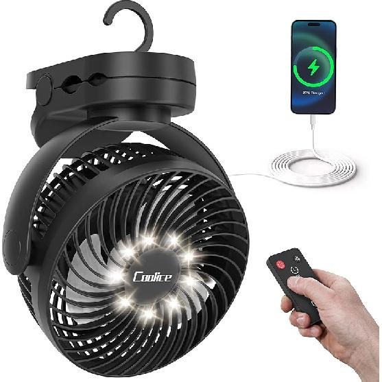 Camping Fan with Remote Control - 12000mAh Rechargeable Battery Powered Fan, Camping Fans for Tents with LED light & Hanging Hook, Rechargeable