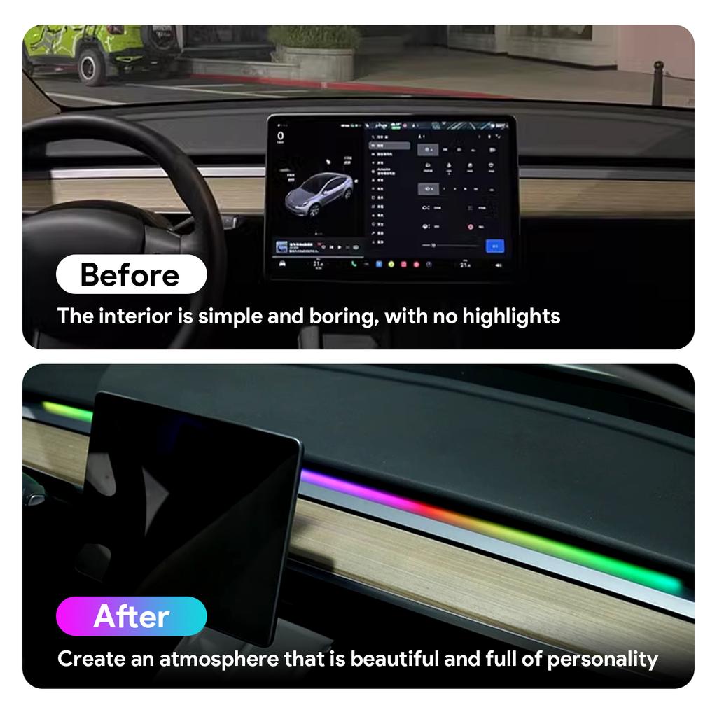 Für Tesla Model 3 Y 2021-2023 Armaturenbrett Ambientebeleuchtung USB-Anschluss Bluetooth APP-Steuerung Mehrfarbige Innenraumdekoration Auto Zubehör