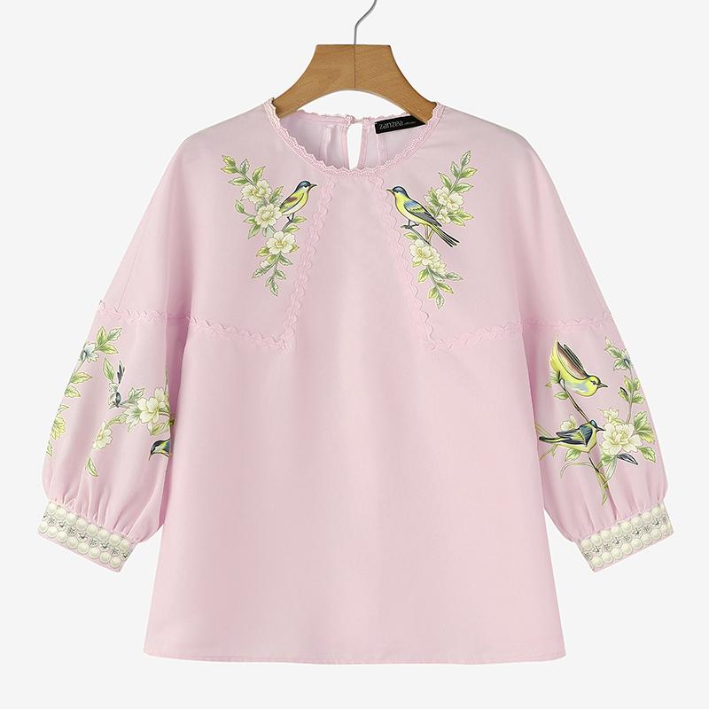 ZANZEA Women Lace Splice Round Neck 3/4 Sleeve Loose Print Blouse