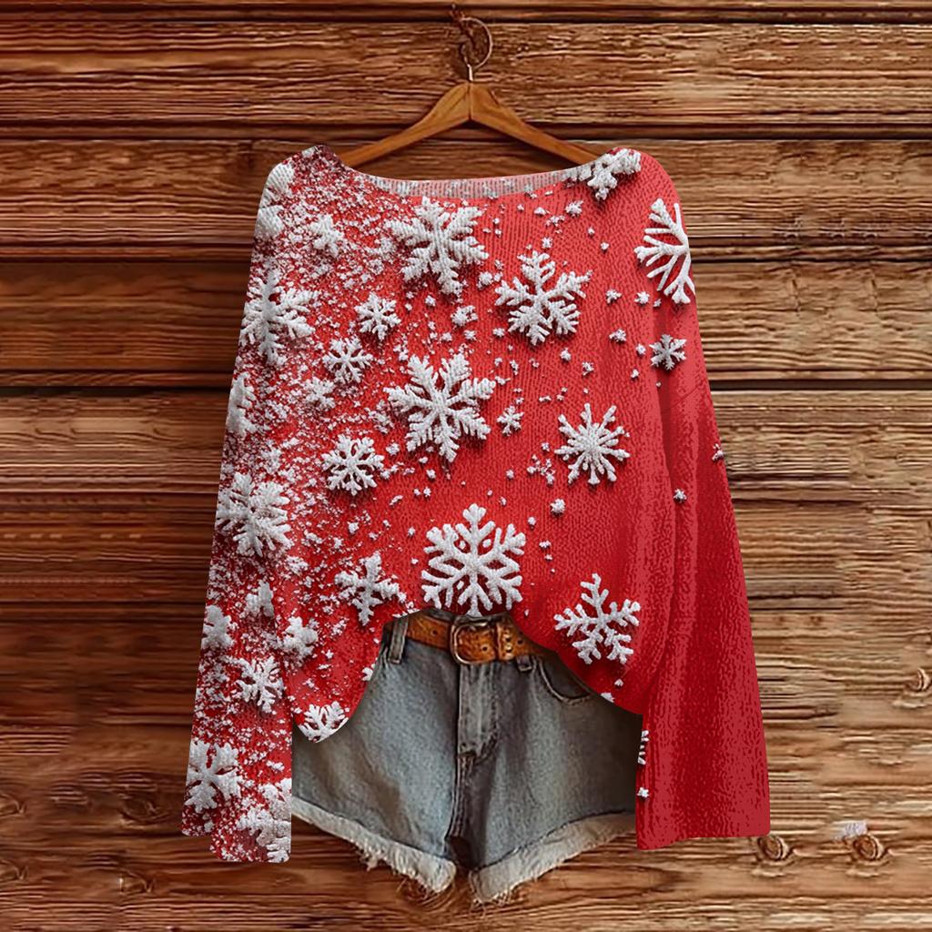 Ladies' Fashionable Casual Long Sleeved Christmas Printed Round Neck Knitted Yarn