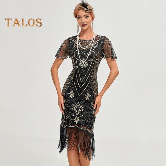 Ballkleid für Damen im Vintage-Stil, mit hohler Spitze, Quaste und Pailletten-Dekor, durchsichtig, runder Halsausschnitt, kurze Ärmel, schmale Passform, Reißverschluss auf der Rückseite, Cocktailparty