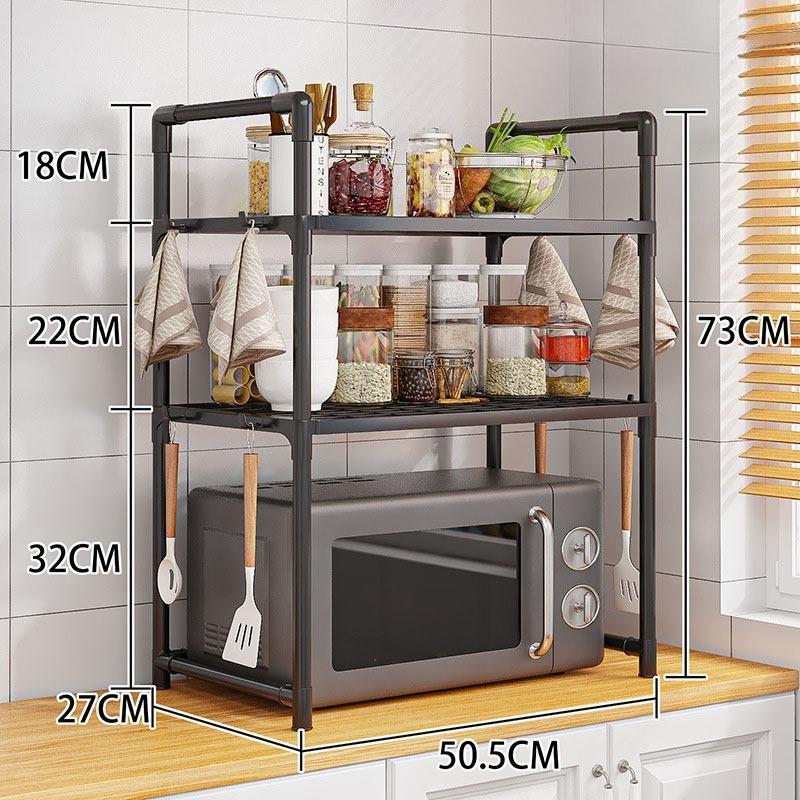 Multi-Purpose Kitchen Storage Rack - Thickened Adjustable Shelf for Microwave, Oven, Countertop Organizer with Tool Hooks