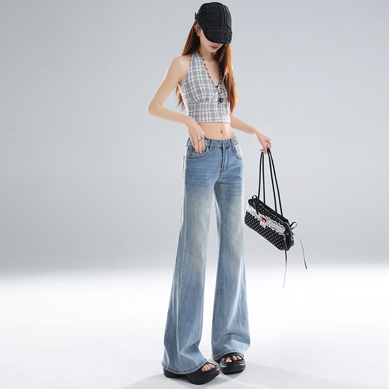 Spring Summer Ice Blue Low Waist Y2K Slim Micro Flare Trendy Denim Pants For Fashion Ladies Casual Pants Oversize Denim Trousers