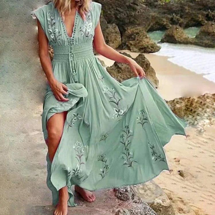 V Neck French Beach Dress European American Women Bohemian Print Skirt