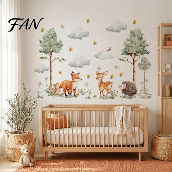 Self Adhesive Wall Murals for Baby Room Watercolor Forest Animals Stickers, Cute Fox Deer Hedgehog PVC Waterproof Decals, Theme Art Children