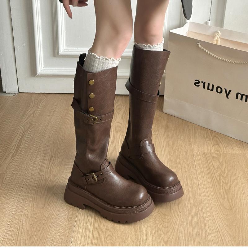 Hot Selling 2025 Vintage Women Knee High Boots Fashion Slip on Ladies Thick Heel Long Knight Booties Autumn Winter Women's Shoes