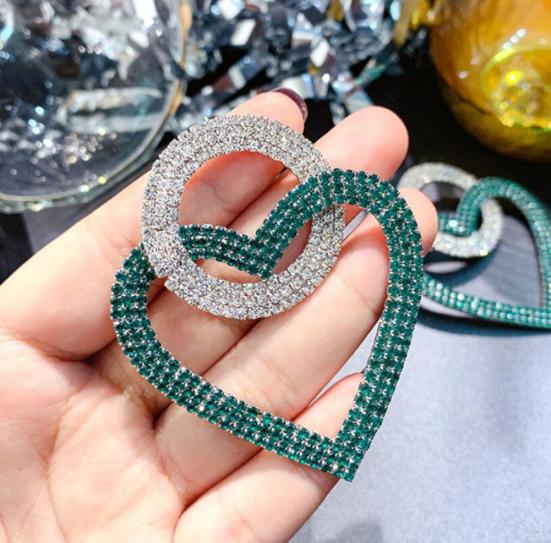 Women Rhinestone Inlaid Heart Round Dangle Ear Stud Earrings Party Jewelry Gift