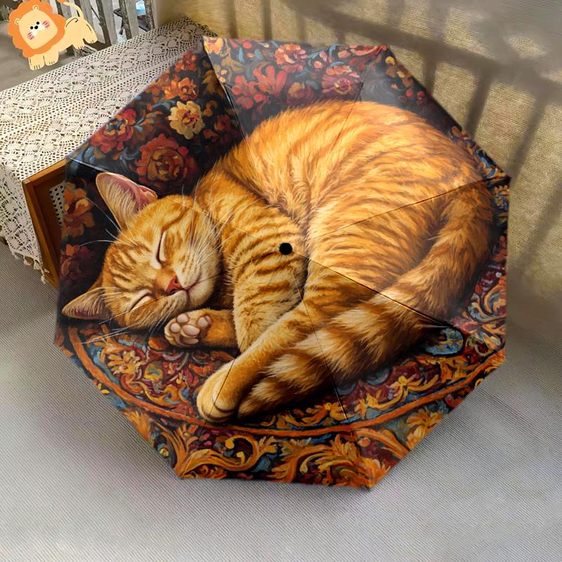 1 PC Automatic Folding Umbrella - Sleeping Orange Cat Pattern, Portable & Foldable Design with 8 Ribs, Christmas Birthday Gifts