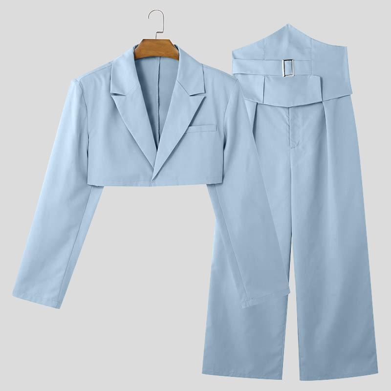 INCERUN Two Pieces Outfits Men Long Sleeve Short Coat High Waist Long Straight Pants Sets