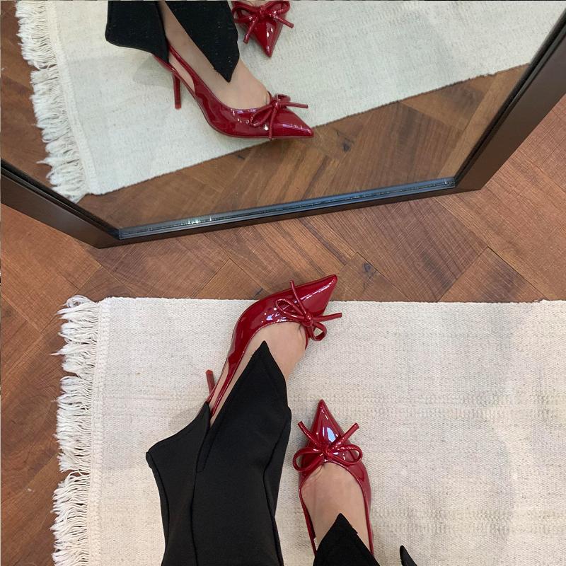 Mode Lack Rot Schwarz Schleife Slingback Sandalen Frau Markendesign Dünner Absatz Pumps Damen Elegant Spitz Stiletto Partyschuhe