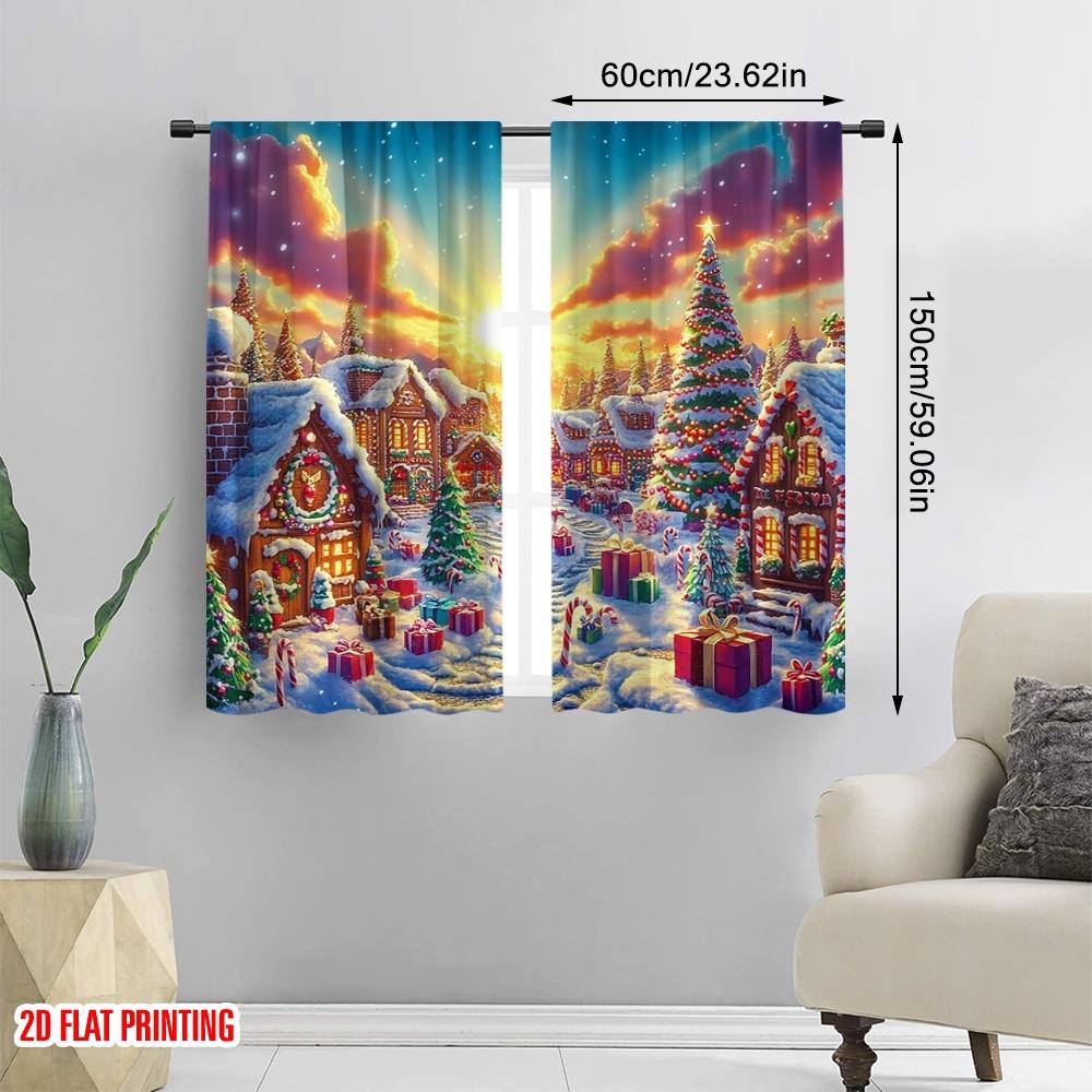 2pcs,2D plane printing Curtain Fabric Christmas candy wonderland (2) Versatile Polyester (without rod) Decorations Outdoor for