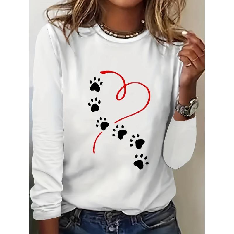 Spring and Autumn Round Neck Heart and Paw Print 3D Printed Top Fashionable Casual Long Sleeved Women's T-shirts