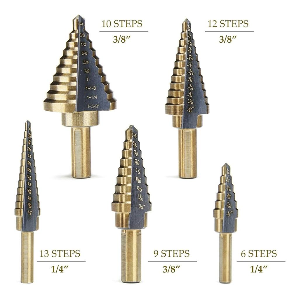 Step drill bits, HSS 5-piece titanium step drill bit set, 5-piece high-speed steel drill bit set, including 50 sizes