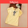 New Girls 2024 Shirt Summer Kids Cotton Clothes School Children Striped Tie Front Lace Trim Peter Pan Collar Puff Sleeve Tee