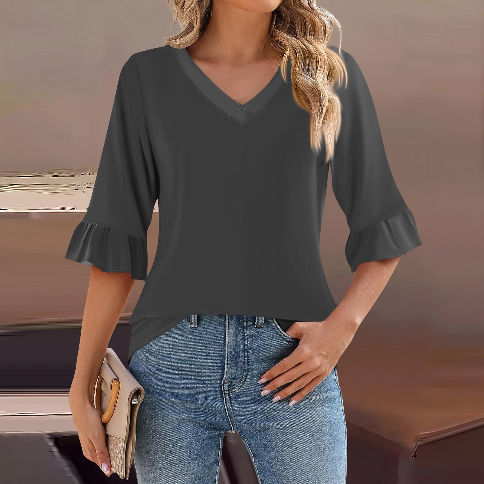 

Женский повседневный топ с рукавами 3/4, летняя футболка с v-образным вырезом и пышными рукавами L серый