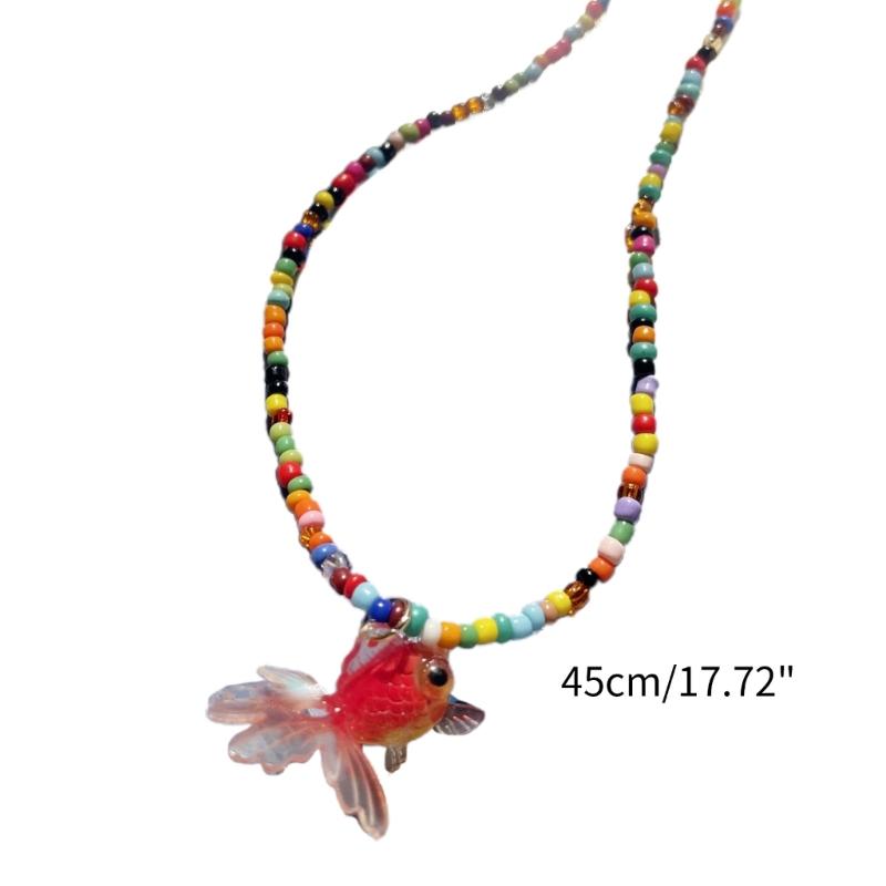 Elegant Resin Fish Pendant Necklace with Colorful Rice Beads Exquisite Beaded Necklace Party Jewelry for Wedding Holiday