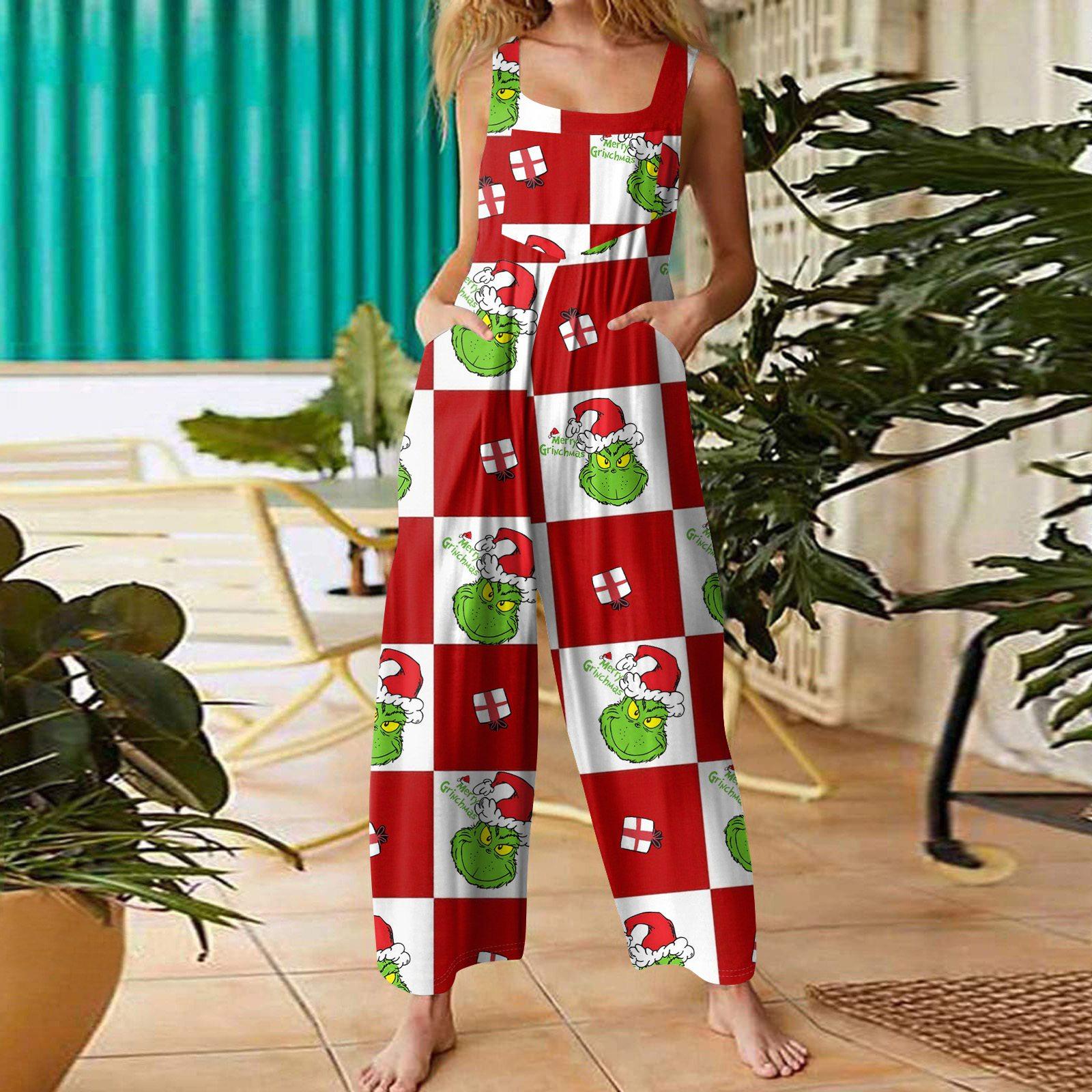 

Women s Casual Loose Jumpsuit Christmas Print Wide Leg Jumpsuit Sleeveless With Pockets XXL