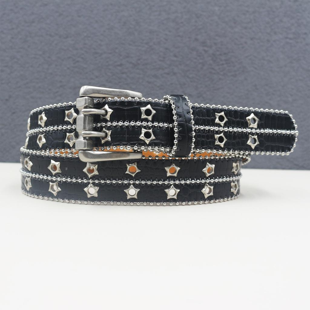 Double Pin Buckle Men's Heavy Industry Rivet Hollow Star Rivet Punk Style Personalized Rock Men and Women Belt Hip Hop American Trousers