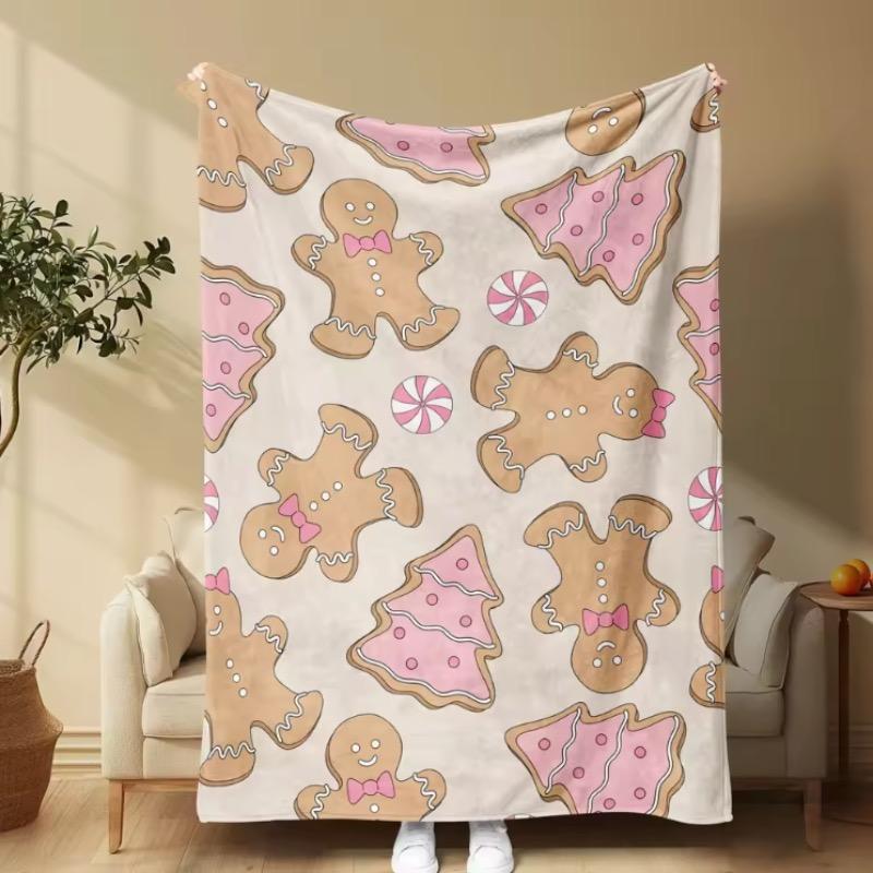 1pc Flannel Blanket Christmas Theme Pink Gingerbread Biscuit Pattern, Can Be Used for Sofa Lunch Break Travel Holiday Gift