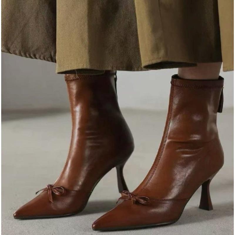 New Style Fashion Women High Heel Short Leather Boots Female Pointed Thin Heel Boots Ladies Ankle Short Boots  Mujer