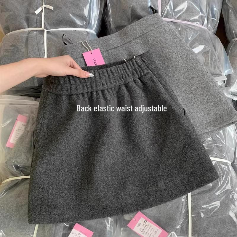 Women's High-Waist Korean Grey Wool Blend A-Line Mini Skirt - Autumn/Winter, Anti-Exposure, Hip-Hugging, Slimming Design