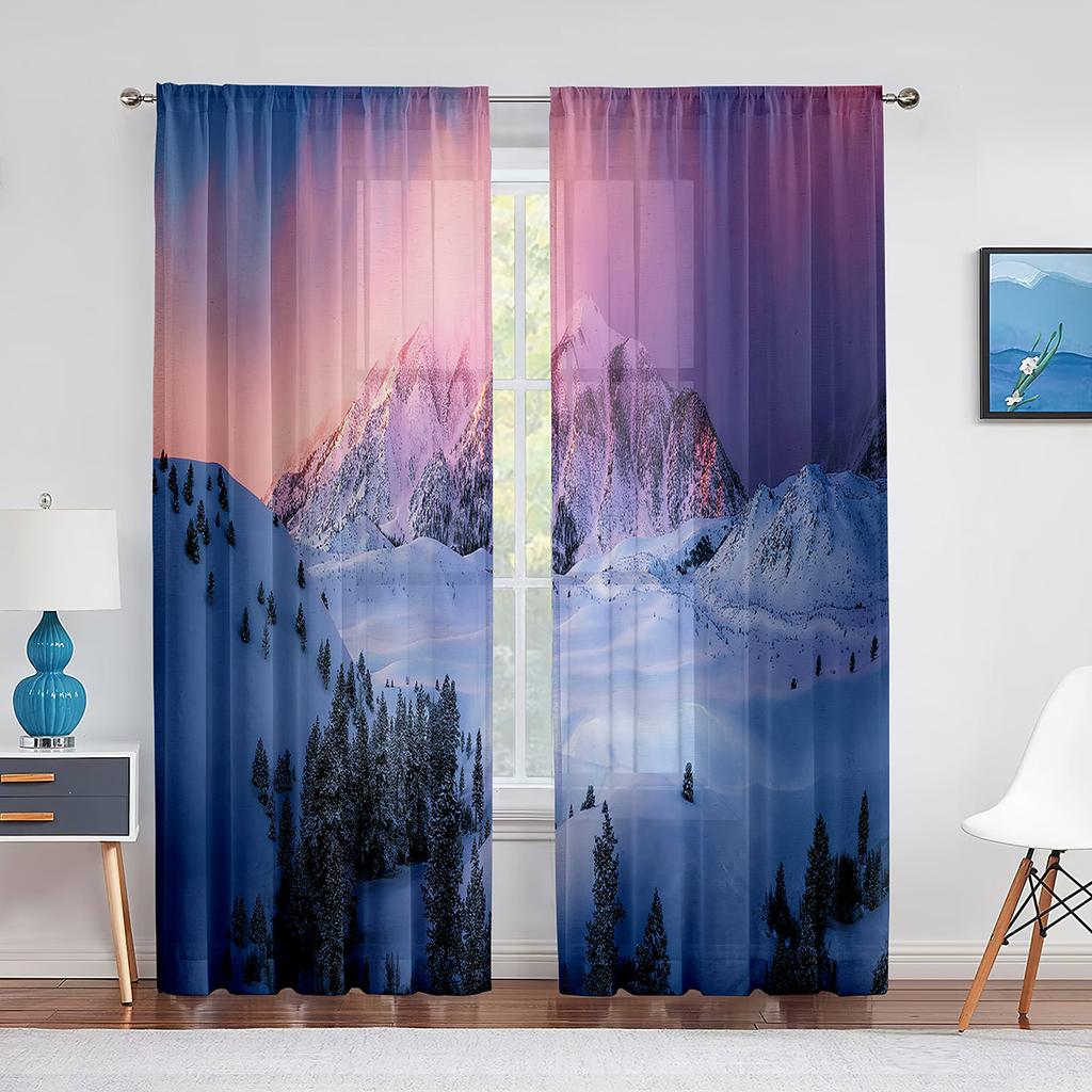 Snow Mountain Dreamy Dusk Scenery Sheer Curtain for Living Room Bedroom Voile Drape Kitchen Window Tulle Curtains Home Essential