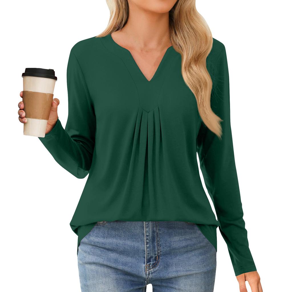 Women's Fashion Casual Long Sleeve Shirt Color V Neck Up Tops
