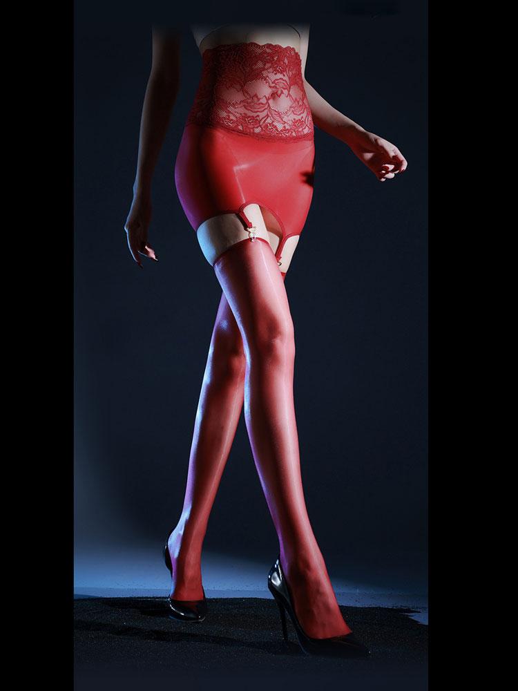 Sexy High Lace Waist Skirts Sets With Shiny Glossy Stocking Package Hip Sheer Skirts Garters One-Pieces Exotic Women'S Clothing