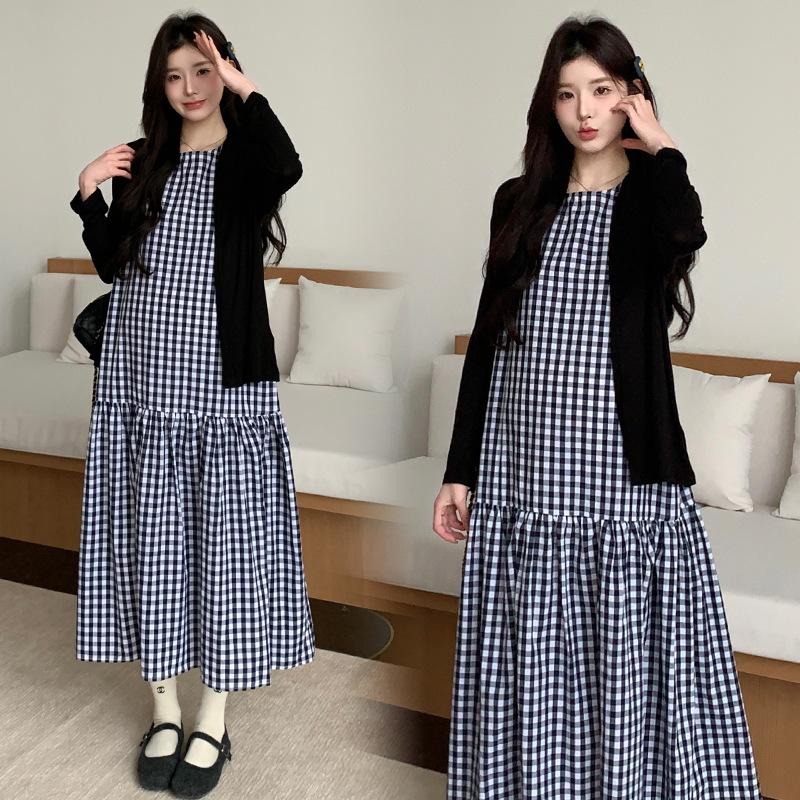 2026 Spring/Summer Maternity Sun Protection Cardigan & Plaid Vest Dress Set M