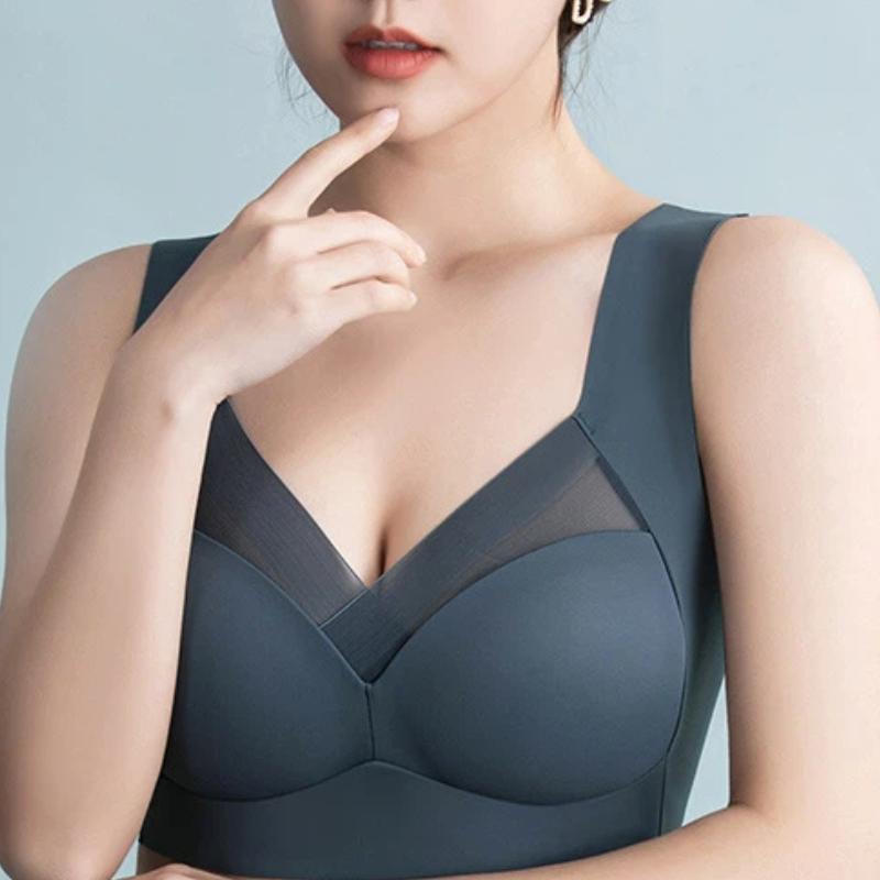 Dark Gray Seamless Wireless Bra With Mesh V Neck And Wide Straps L темно-синий