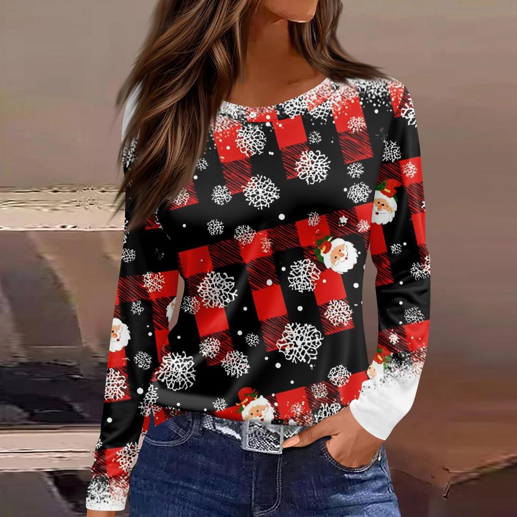 Women's 3D Gradient Striped Santa Claus Head Print Round Neck Long-sleeved T-shirt Top
