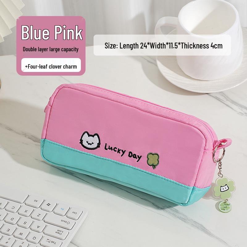 Large Capacity Color-Blocked Kitten & Clover Embroidery Pencil Case