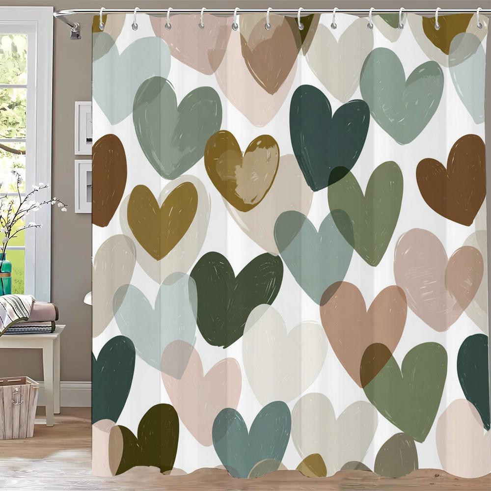Modern Red Love Pattern Shower Curtain,Lover Printed Polyester Fabric Decorative Bathroom Curtain, Home Curtain with Hooks