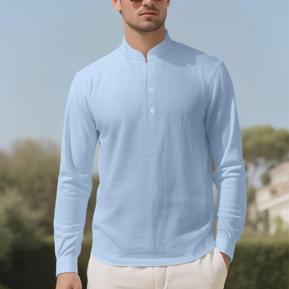 Pánské bavlněné lněné tričko s dlouhým rukávem Tenký volný top Retro Vintage Módní městské oblečení Stojatý střih Mládežnická velikost