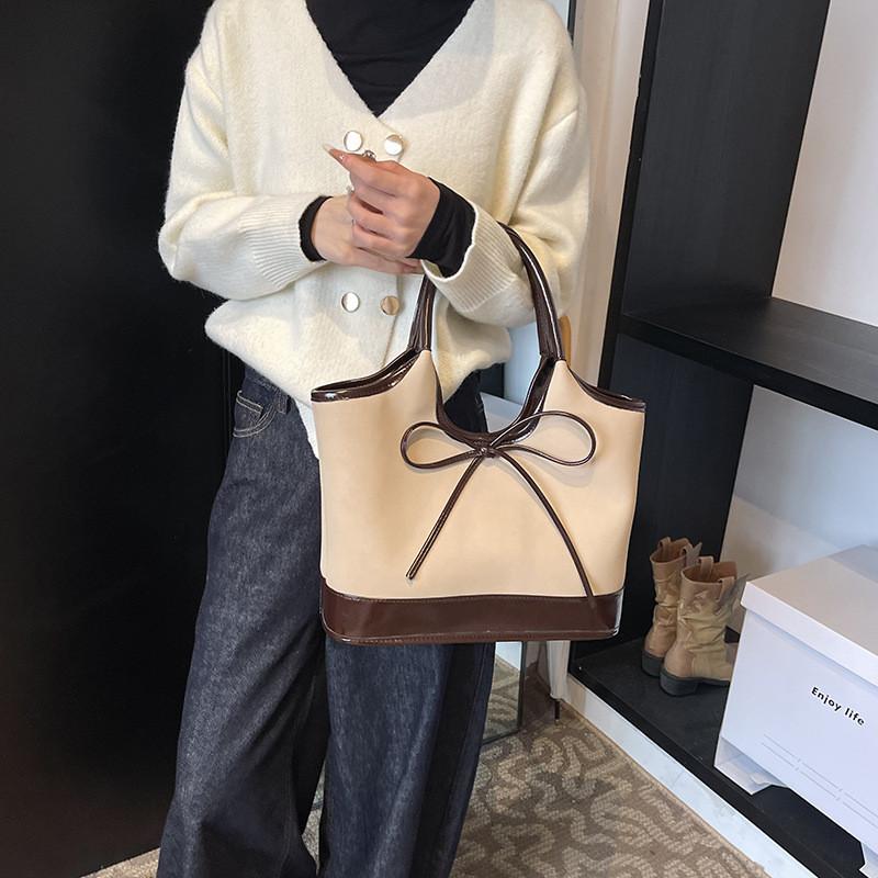 Elegant Color Block Bowknot Large Tote Bag Stylish Pu Shoulder Bag For Everyday Use