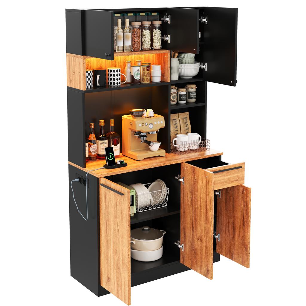 Kitchen Cabinet with LED Lighting and Sockets, 6 Doors and 1 Drawer, Buffet Sideboard for Kitchen, Living Room and Dining Room, 100 × 40 × 180 Cm