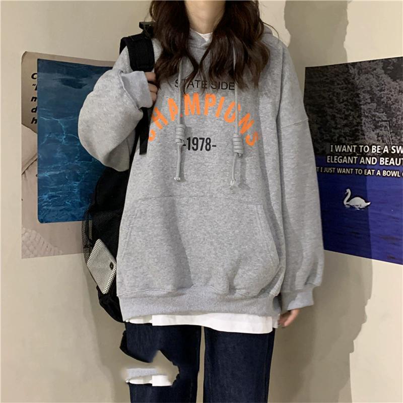 Thin and Thick Optional Hooded Sweater Women Loose Ladies Student Tops Fashion Retro Versatile Sweatshirt