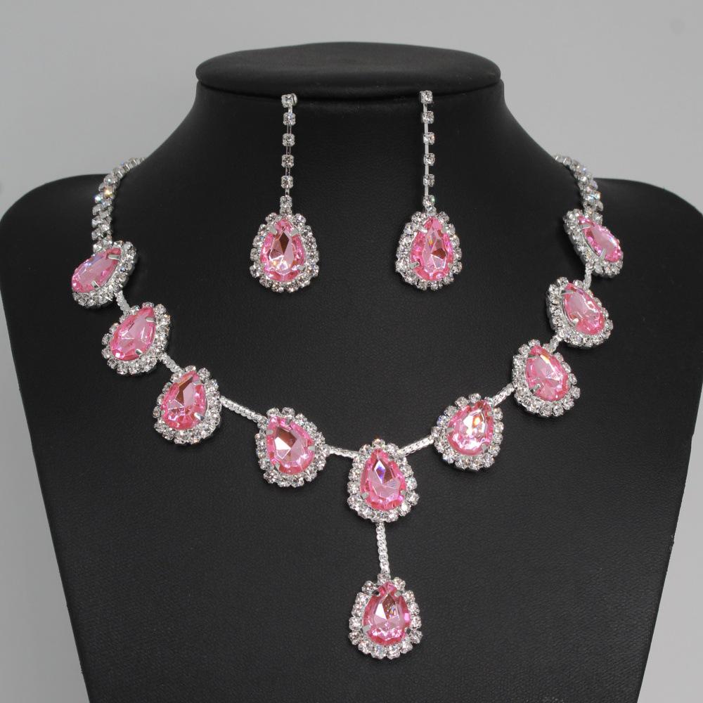European & American Fashion Colored Diamond Teardrop Necklace & Earrings Set - Bridal Jewelry