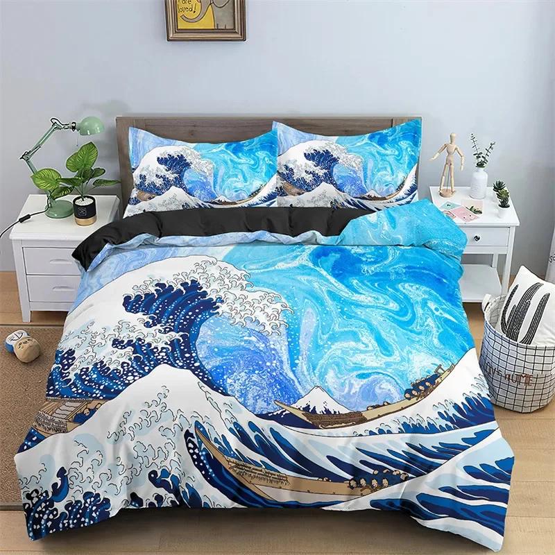 3D Ocean Waves Beding Set Quen Sized Dimensions Soft Sumer Sea Beach Soft Duvet Cover Set Hawaian Tropical Print Warm Comforter Cover Pilowcases