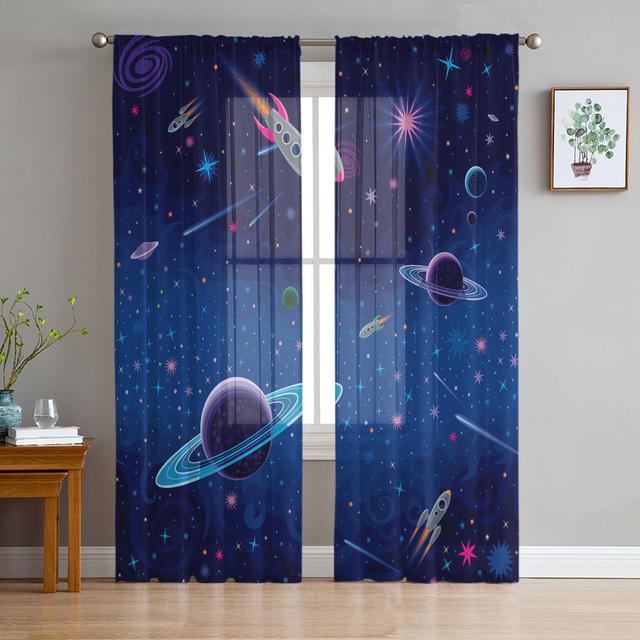 Galaxy Moon Sun Simple Planet Sky Sheer Curtains Living Room Window Tulle Curtains Bedroom Veiling Curtains Decor Luxury Drapes