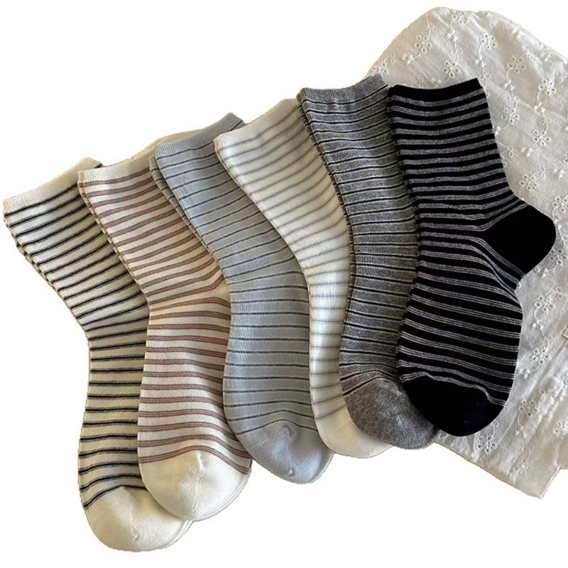 Women's New Spring and Summer Pure Cotton Sweat Absorbing Breathable Boneless Striped Tube Stack Socks